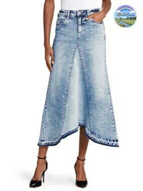 Womens Denim Maxi Skirt High Waist A-Line Fringe Hem Casual Long Jean Skirt